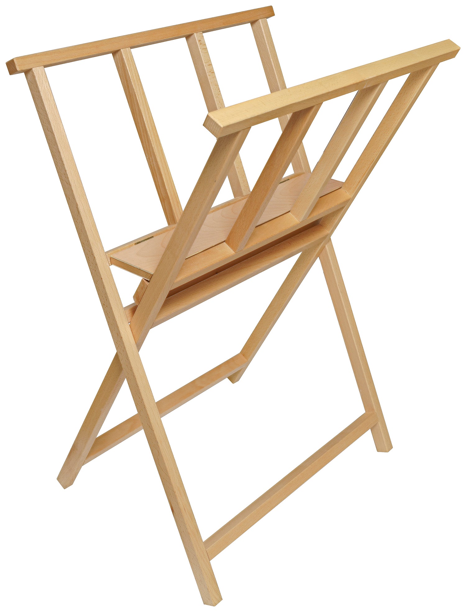 a wooden rocking chair sitting on top of a wooden ladder